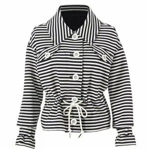 Cabi "Harbor" Cinched Waist Navy and White Striped Jacket